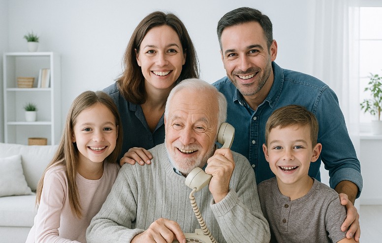 Una familia sonríe alrededor del abuelo, que habla por teléfono